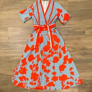 Elegant Floral Wrap Dress in Blue and Orange